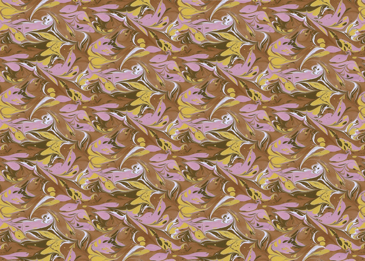 A seamless repeating pattern featuring stylised swirling patterns in shades of lavender, mustard yellow, and brown with white highlights.