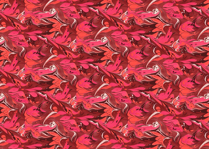 A repeating pattern featuring stylised marbling with long flowing red and pink swirls, set against a dark red background.