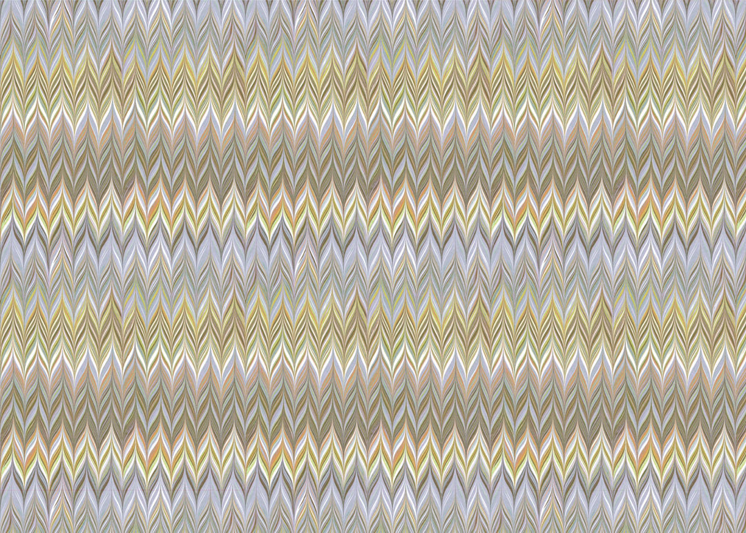 A close-up of a zigzag chevron patterned fabric or wallpaper in muted beige, gray, white, and yellow