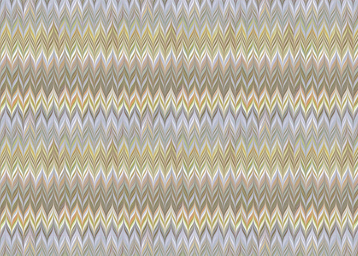 A close-up of a zigzag chevron patterned fabric or wallpaper in muted beige, gray, white, and yellow