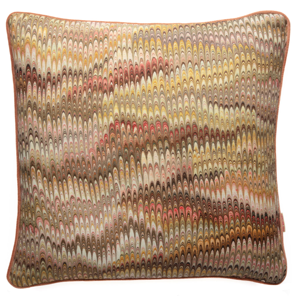 Brown patterned linen pillow on a white background