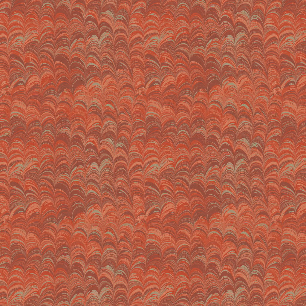 Marbled patterned fabric with shades of red, brown and pale blue