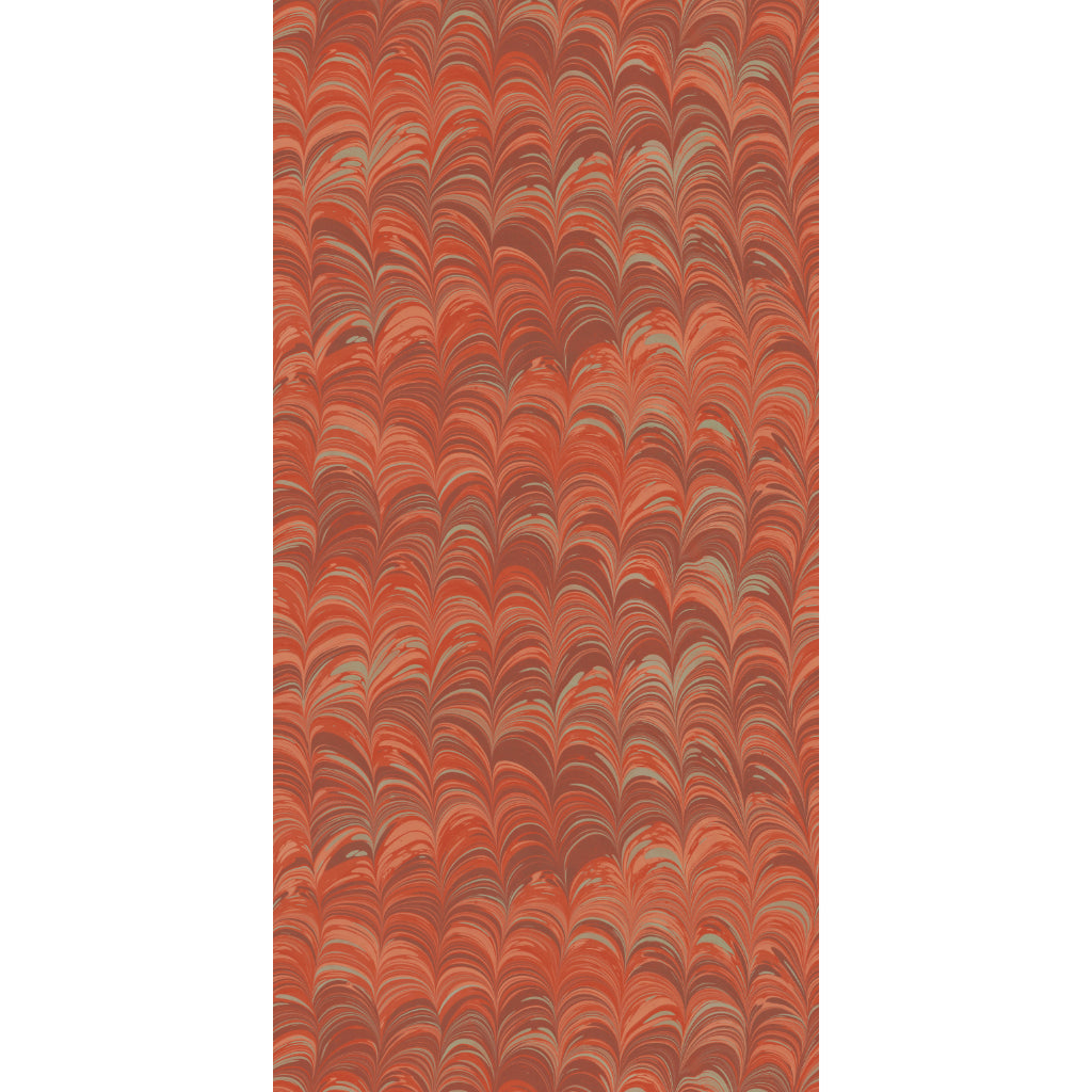 Marbled paper with wavy pattern in shades of red, pale blue and mauve on a white background