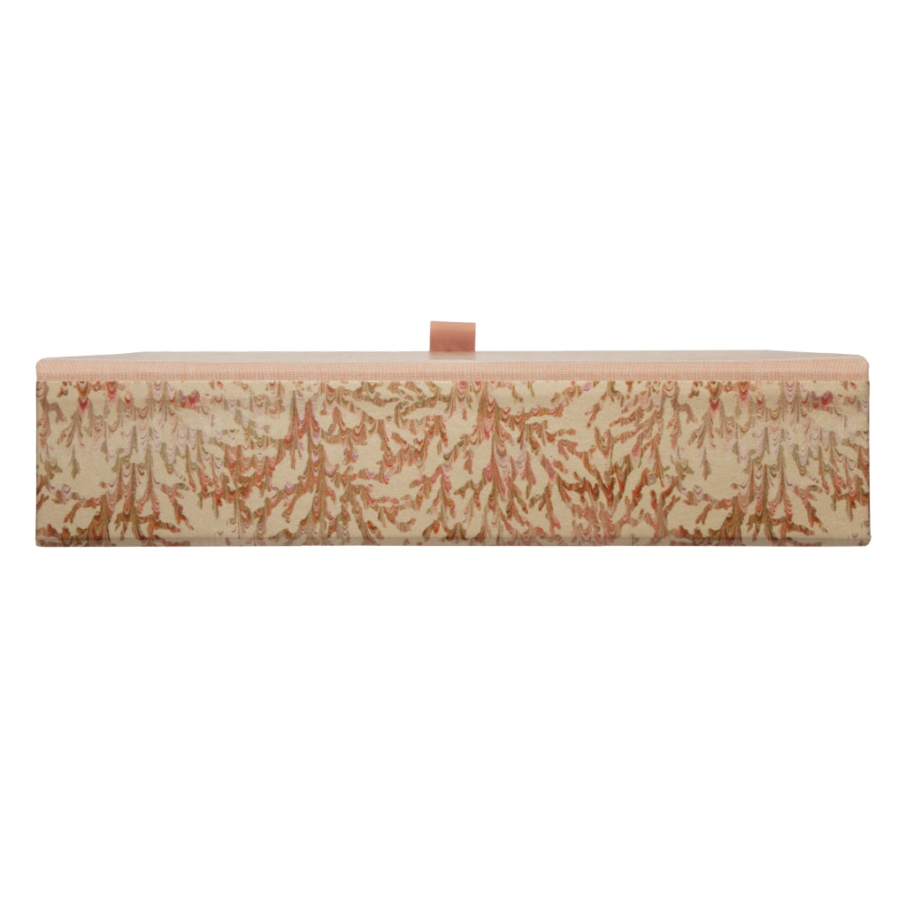 Pastel coloured box file in coral and marbled pattern