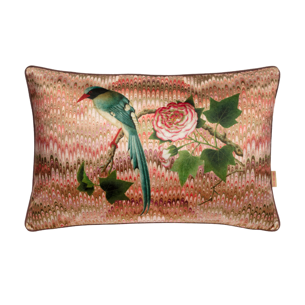 Pink marbled pattern cushion with bird on on white background