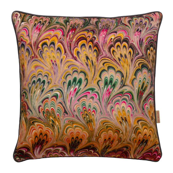 Peacock Bouquet Marbled Velvet Square Cushion