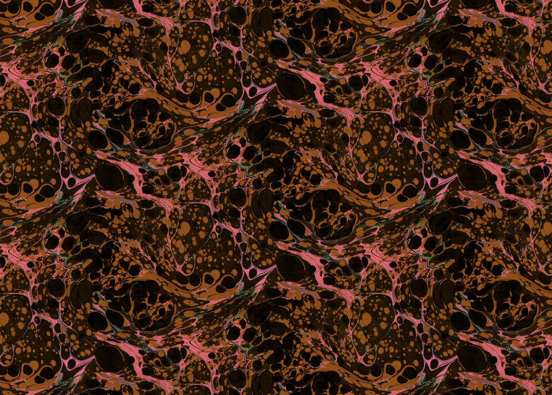 A seamless abstract marbled pattern featuring organic black, copper-brown, and pink veins with small teal accents, resembling fluid acrylic or liquid marble paper.