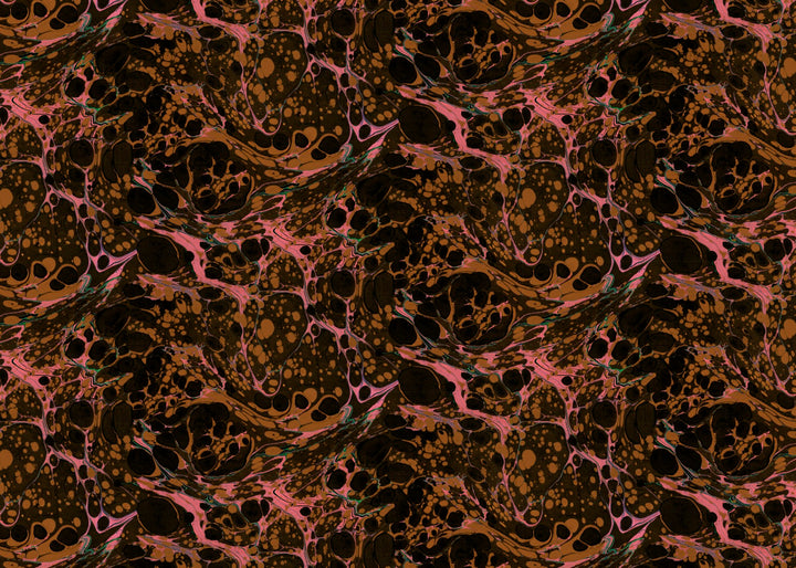 A seamless abstract marbled pattern featuring organic black, copper-brown, and pink veins with small teal accents, resembling fluid acrylic or liquid marble paper.