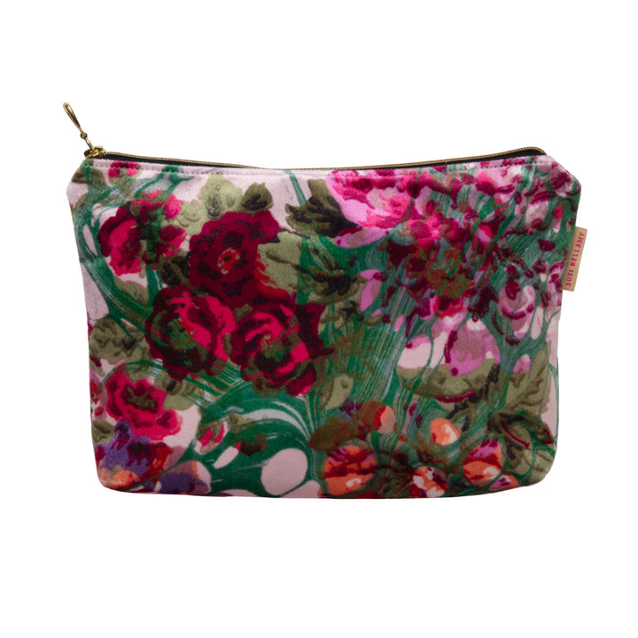 Floral patterned velvet pouch on a white background