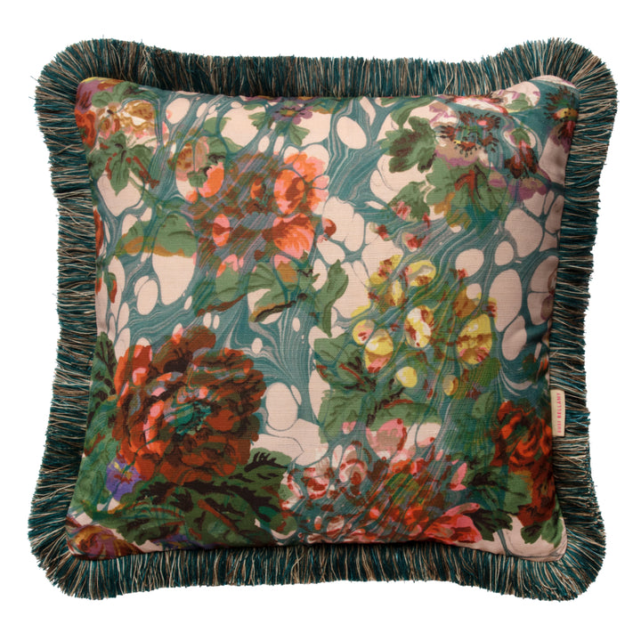 Ruched Blue Rose Marbled Small Square Linen Cushion