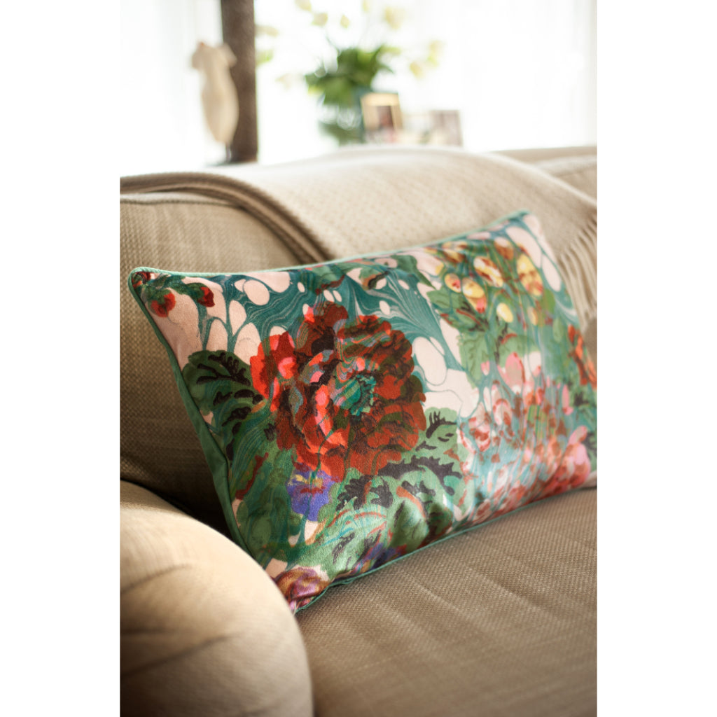 Blue Rose Marbled Velvet Large Oblong Cushion