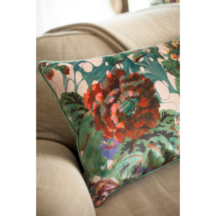 Blue Rose Marbled Velvet Large Oblong Cushion