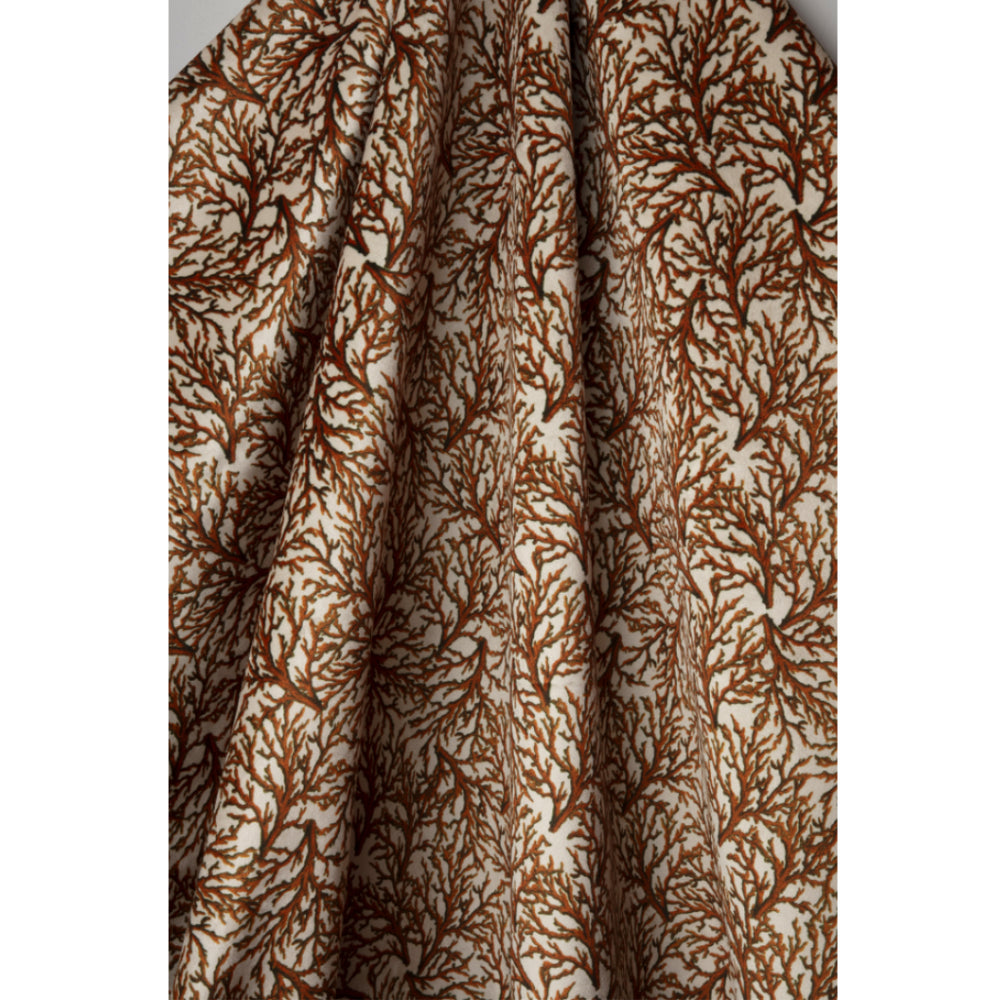 Rust brown coloured coral pattern velvet fabric 