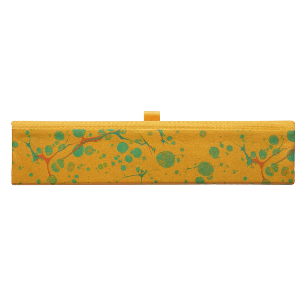 Marbled paper box file in yellow saffron, green and red marbled pattern on white background