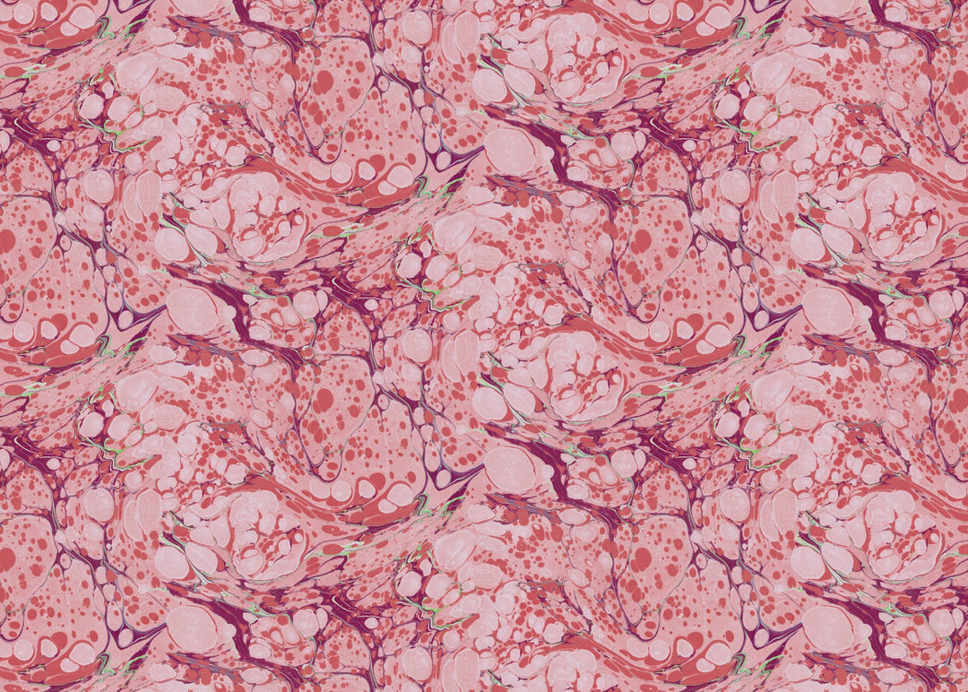 A seamless abstract pattern featuring pink, coral, and burgundy marbled organic shapes with small green accents, resembling a fluid acrylic pour design.