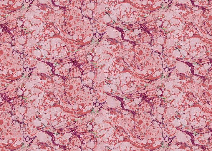 A seamless abstract pattern featuring pink, coral, and burgundy marbled organic shapes with small green accents, resembling a fluid acrylic pour design.