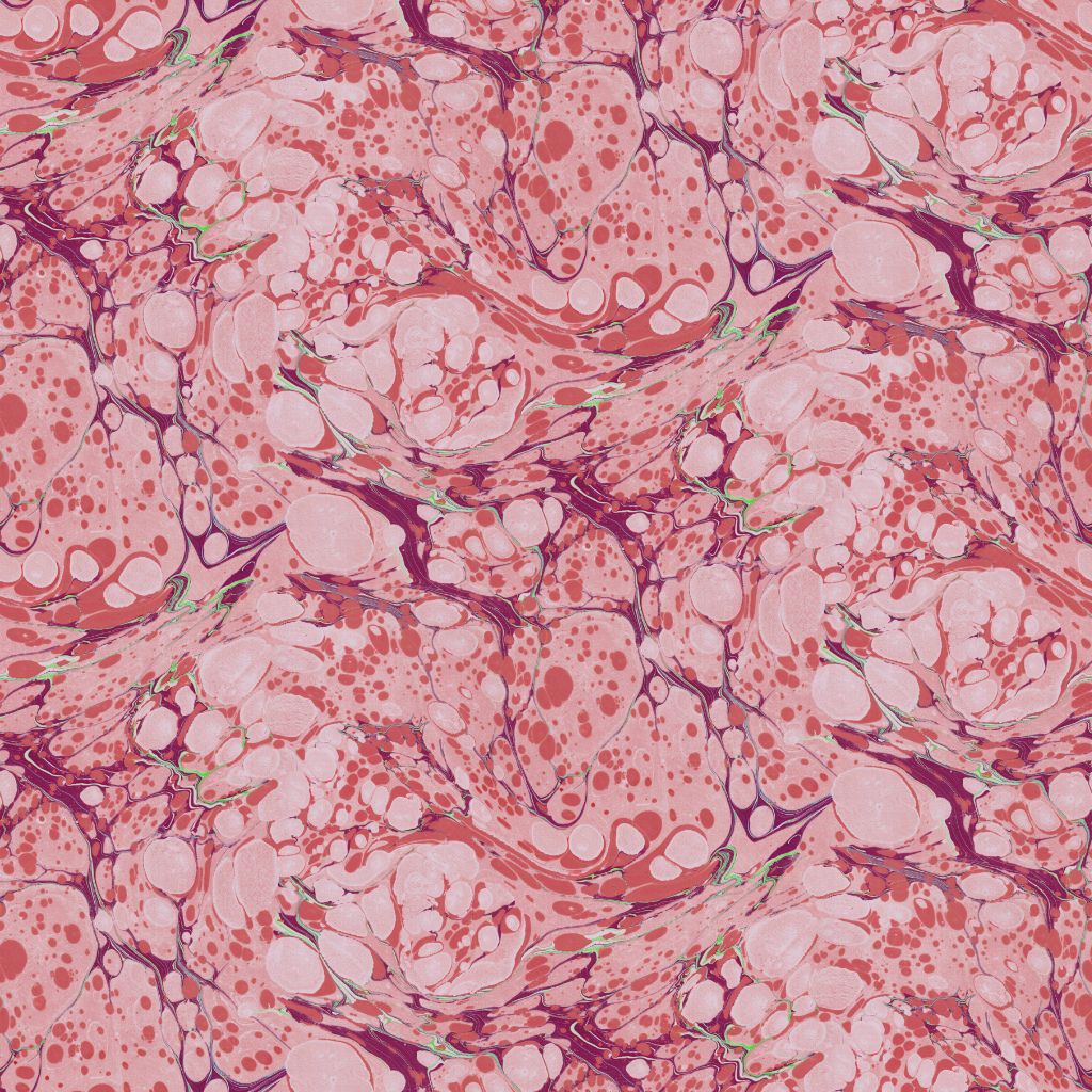 An abstract marbled pattern featuring pink, coral, and magenta fluid art swirls with small green accents.