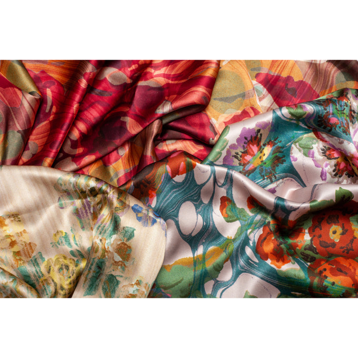 Blue Rose Marbled Square Silk Satin Scarf