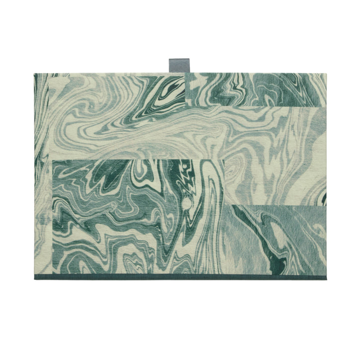 Marble-patterned blue and grey box file on a white background