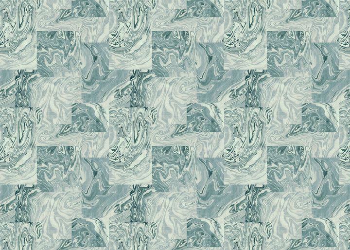 Patterned linen fabric with swirling design in shades of blue and white