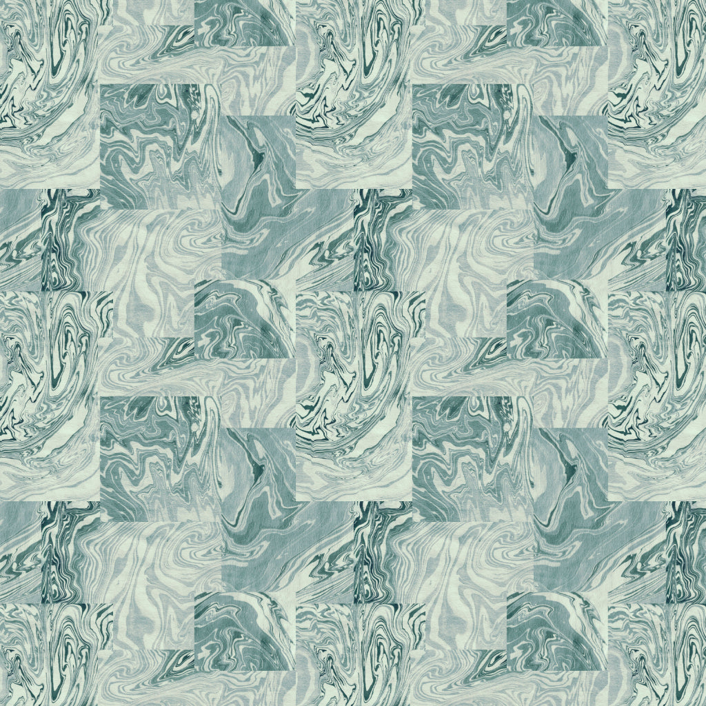 Patterned linen fabric with swirling design in shades of blue and white