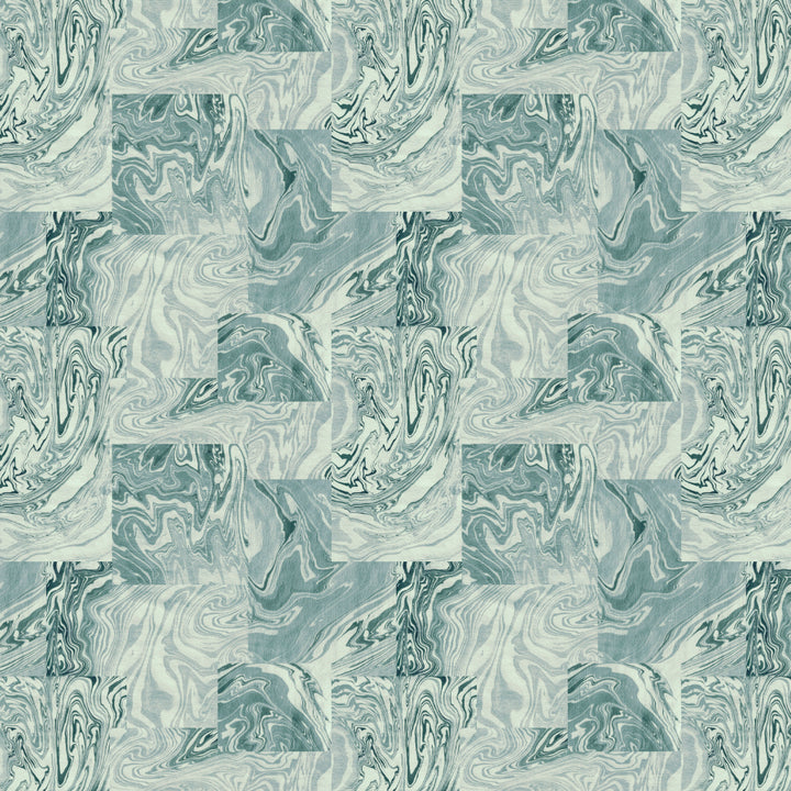 Patterned linen fabric with swirling design in shades of blue and white