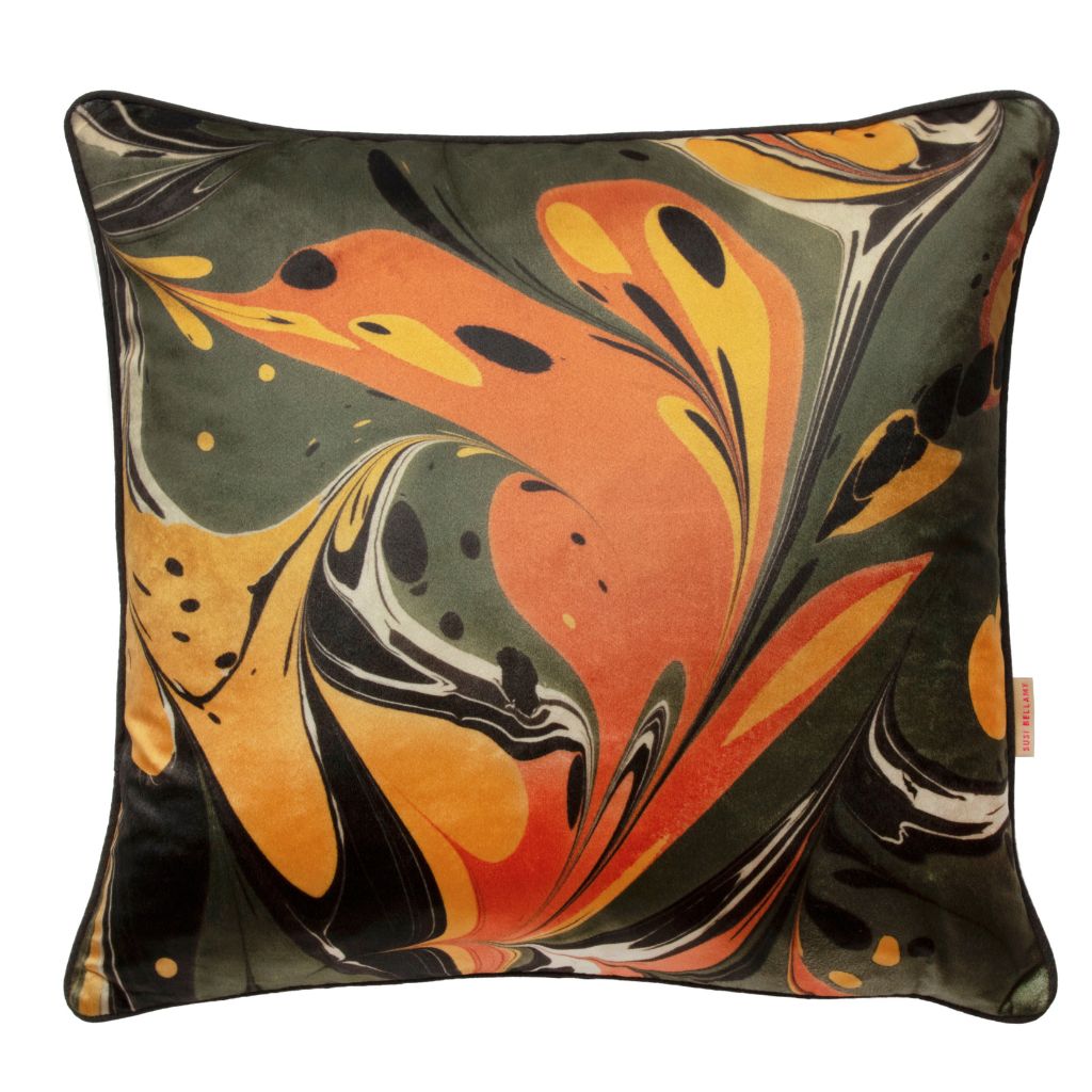 A square decorative throw pillow featuring an abstract marbled swirl pattern in orange, yellow, black, and olive green on a white background.