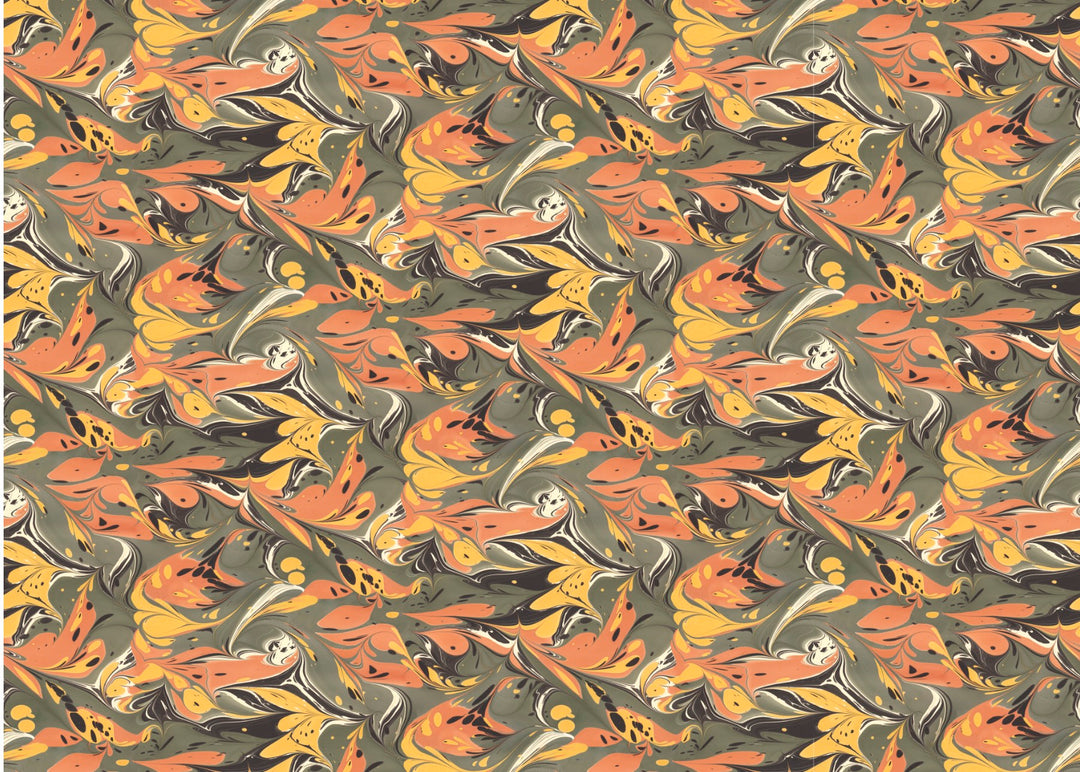 A seamless repeating pattern featuring stylised, abstract marbled shapes in orange, yellow, olive green, black, and white.