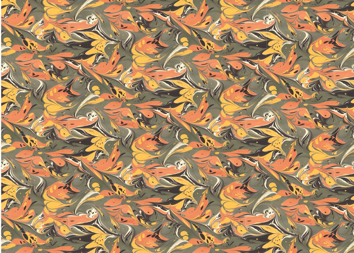A seamless repeating pattern featuring stylised, abstract marbled shapes in orange, yellow, olive green, black, and white.