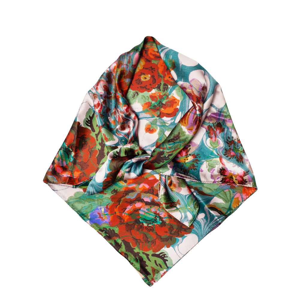 Blue Rose Marbled Square Silk Satin Scarf