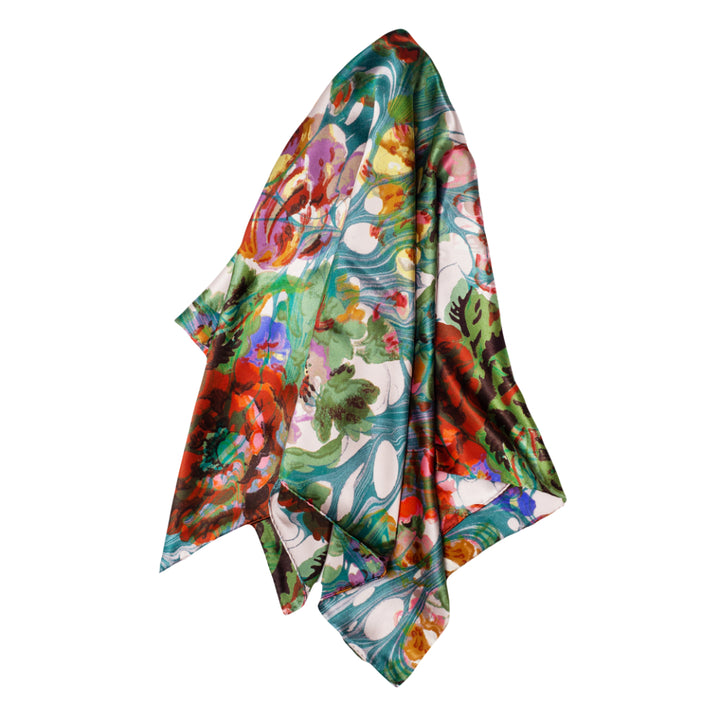 Blue Rose Marbled Square Silk Satin Scarf