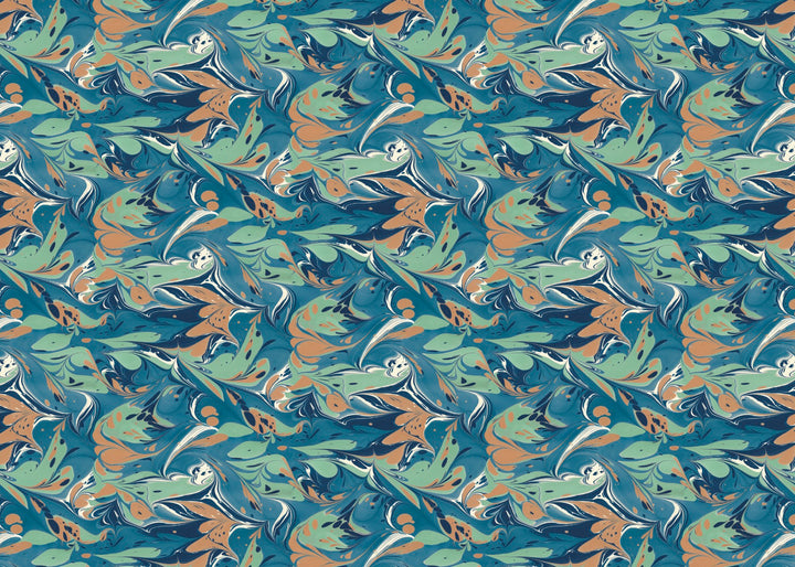 A marbled flowing pattern in teal, blue, sage green, and orange 