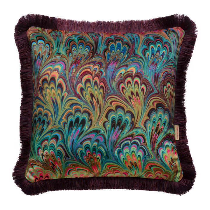 Ruched Teal Bouquet Marbled Velvet Small Square Cushion