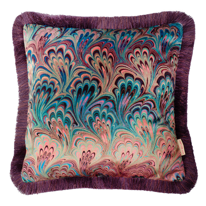 Ruched Teal Bouquet Marbled Velvet Small Square Cushion