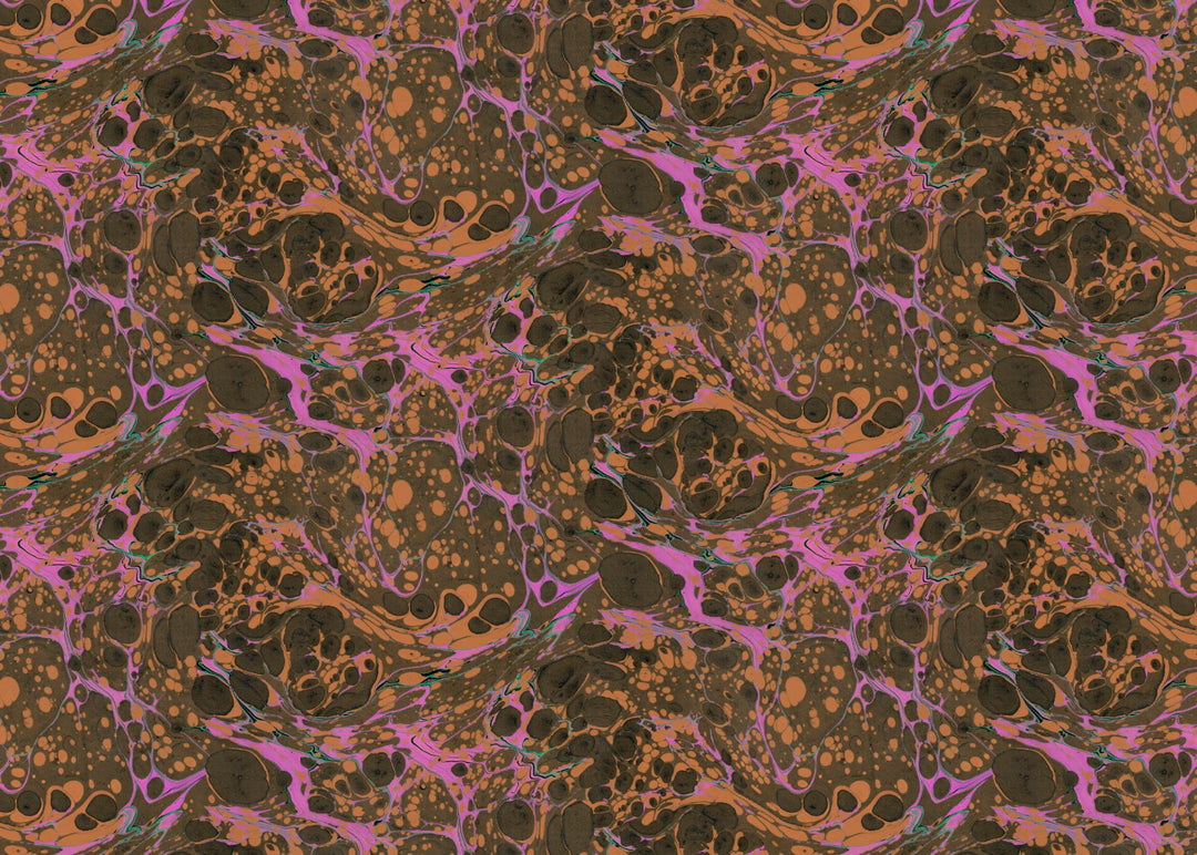 A seamless abstract pattern featuring dark brown and black marbled cells with vibrant magenta and orange veins, resembling a stylised cellular or fluid art print.