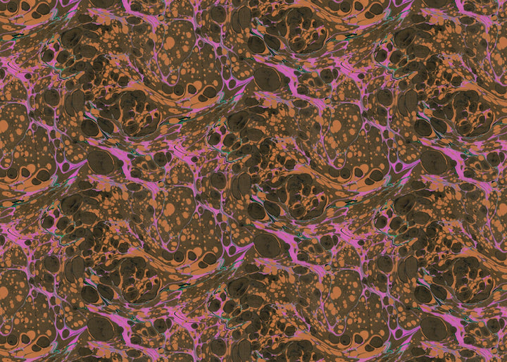 A seamless abstract pattern featuring dark brown and black marbled cells with vibrant magenta and orange veins, resembling a stylised cellular or fluid art print.
