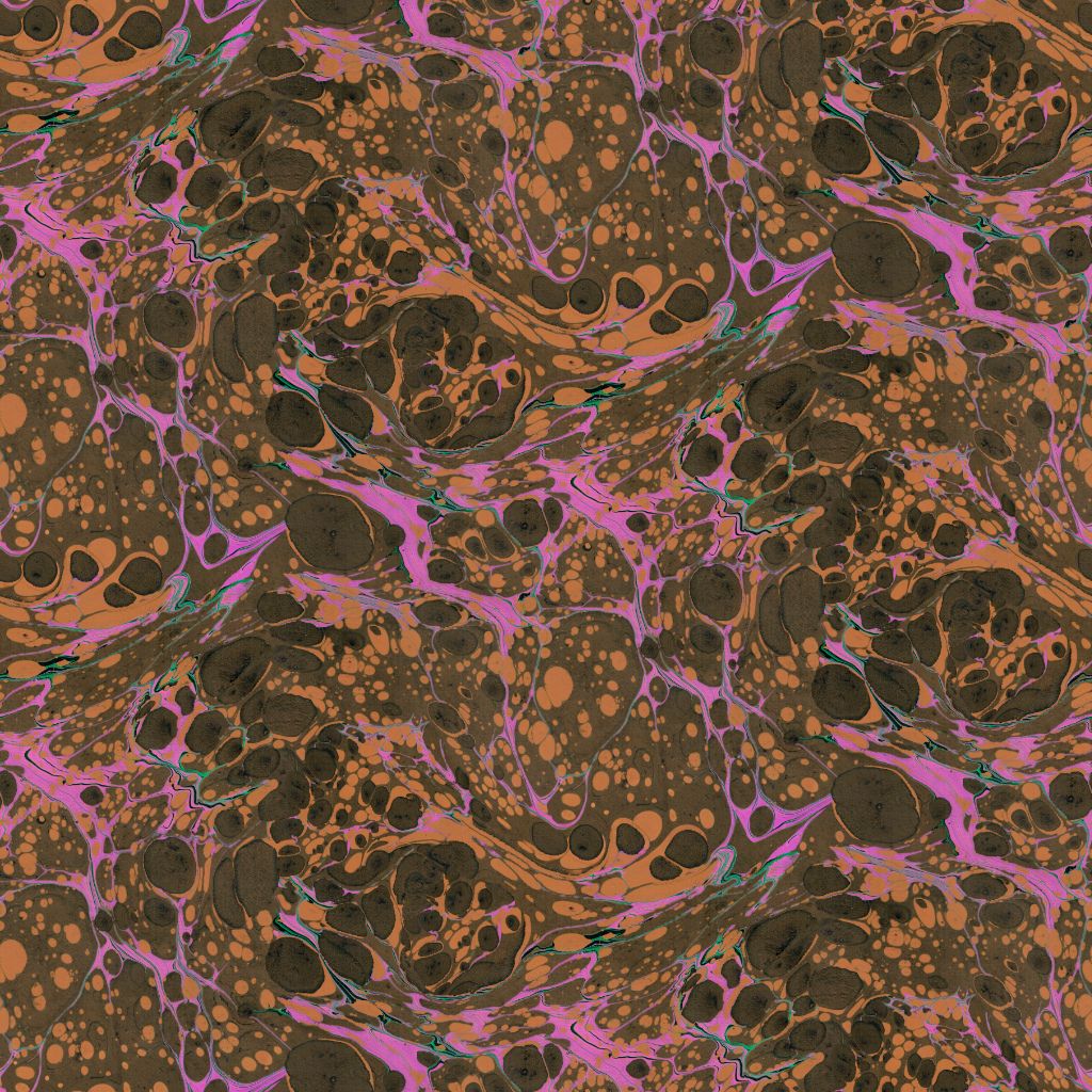 A close-up of a marbled pattern with swirling brown, tan, black, and vivid pink areas, resembling a decorative paper or fabric texture.