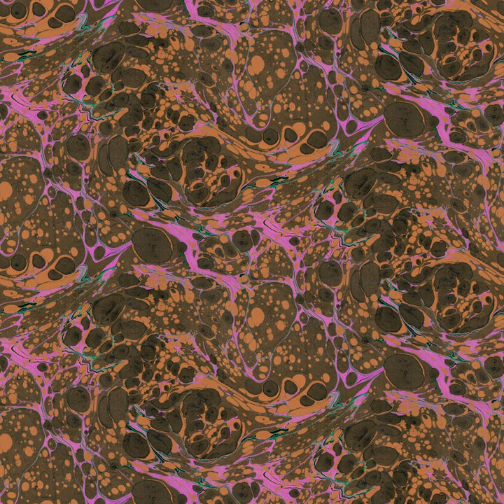 A close-up of a marbled pattern with swirling brown, tan, black, and vivid pink areas, resembling a decorative paper or fabric texture.