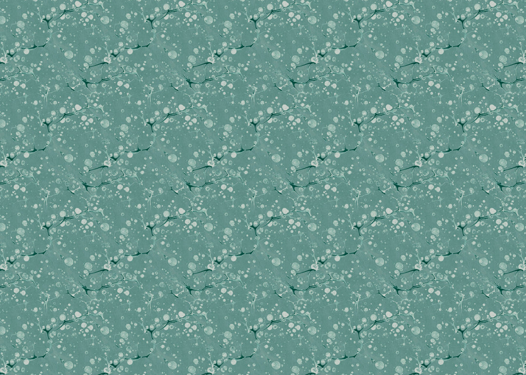 Dappled marbled pattern with pale blue, teal and white elements on an aqua blue background