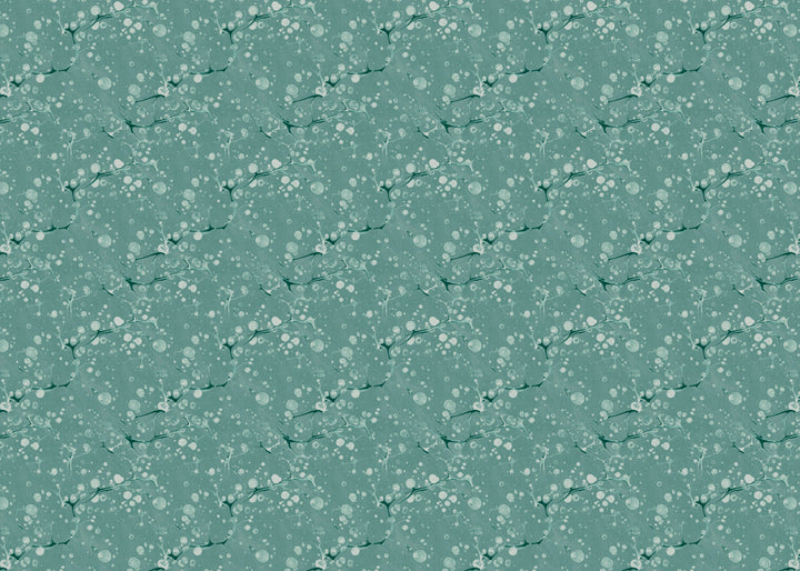Dappled marbled pattern with pale blue, teal and white elements on an aqua blue background