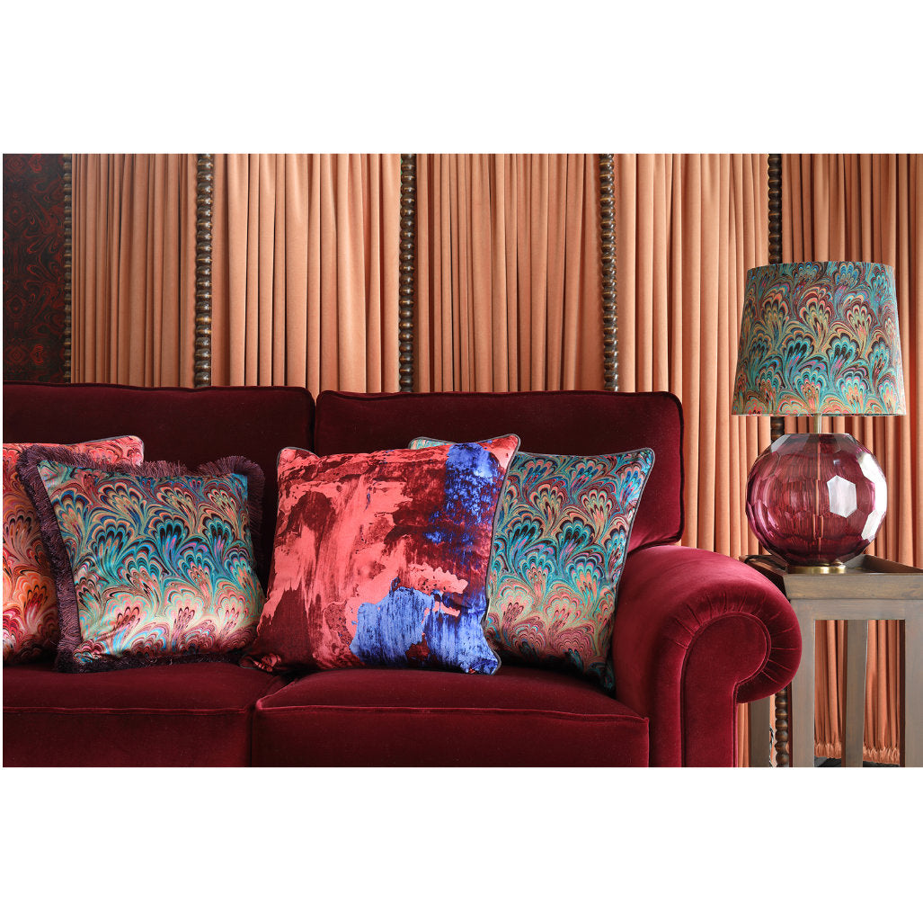 Ruched Teal Bouquet Marbled Velvet Small Square Cushion