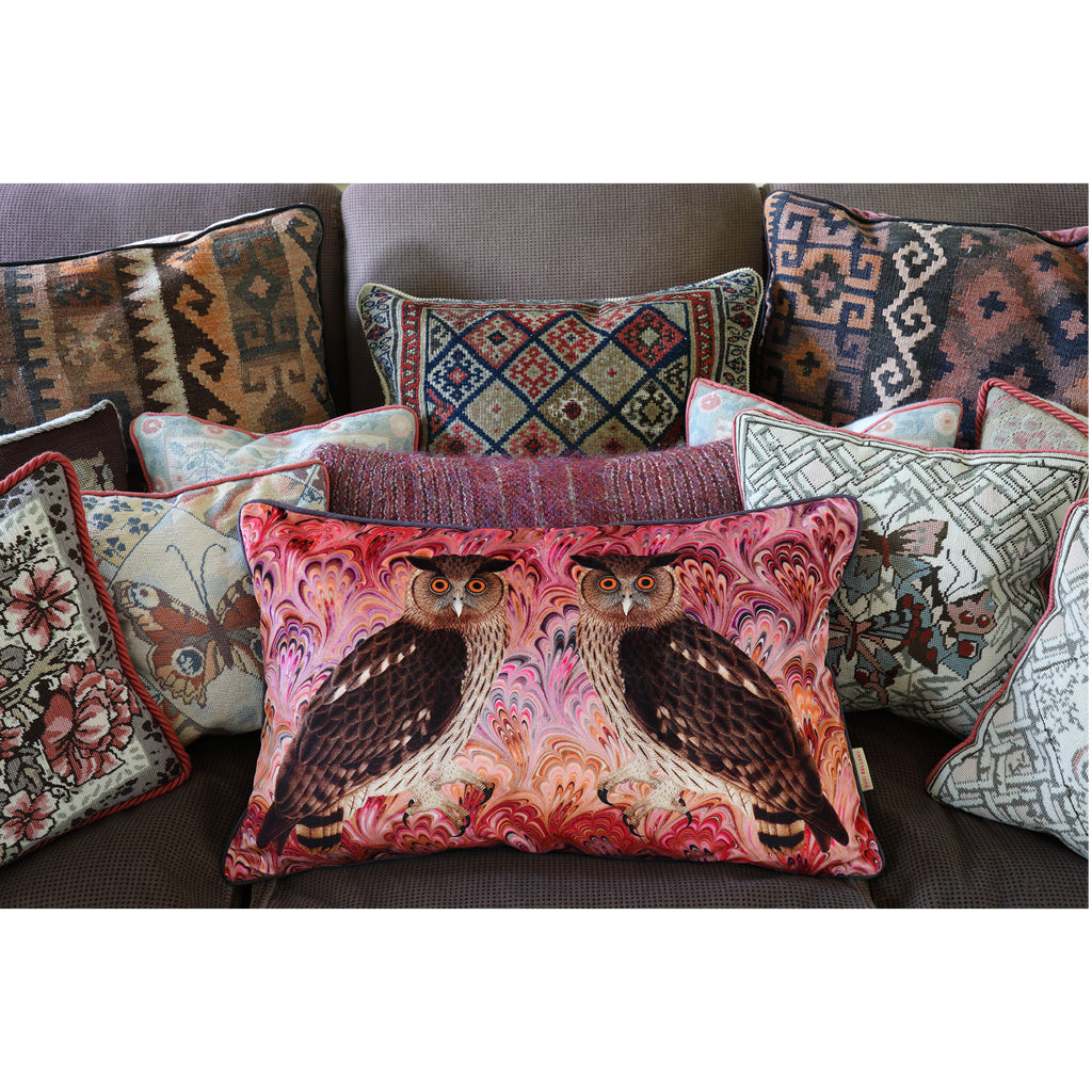 Blush Twin Eagle Owl Velvet Large Oblong Cushion