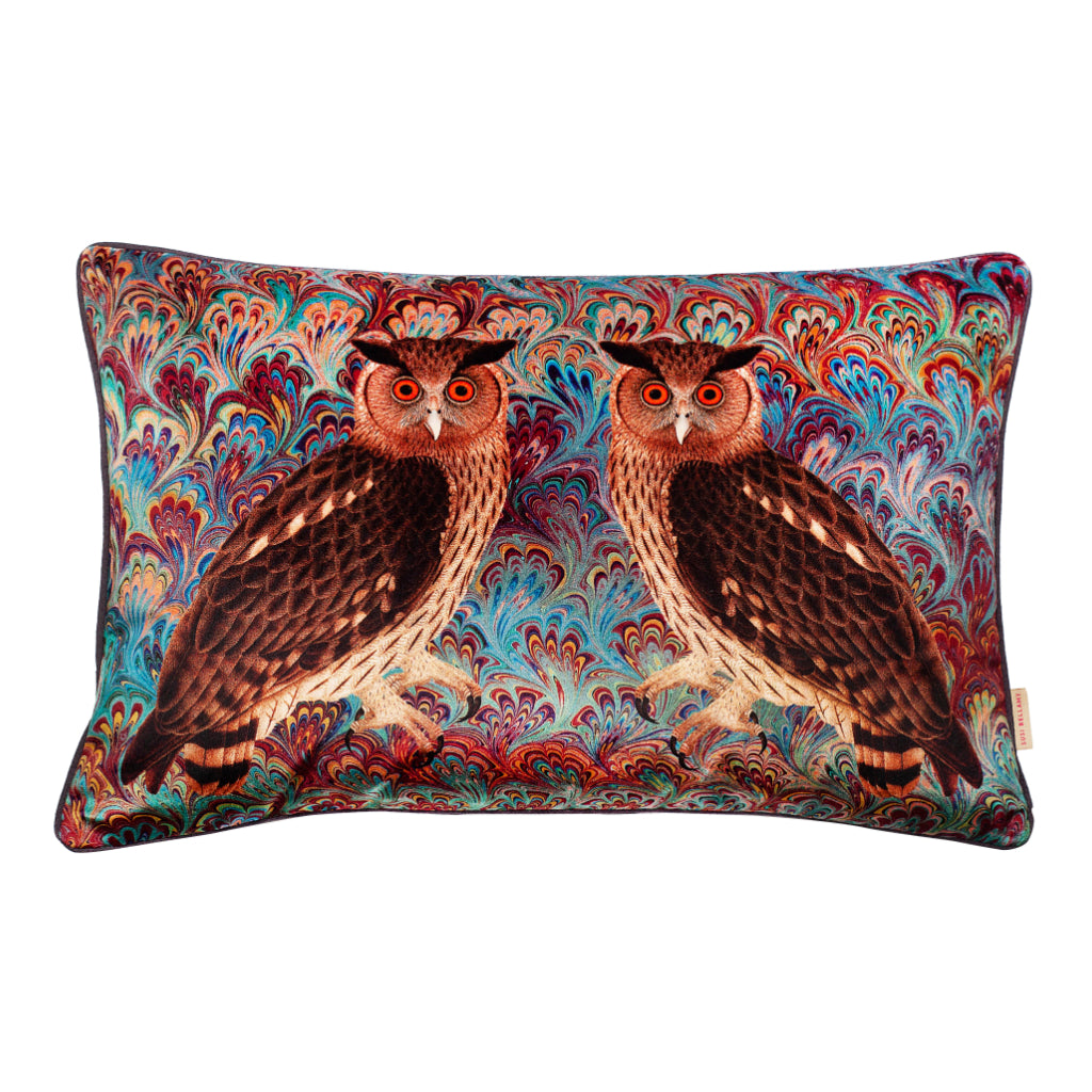 Teal Twin Eagle Owl Velvet Large Oblong Cushion