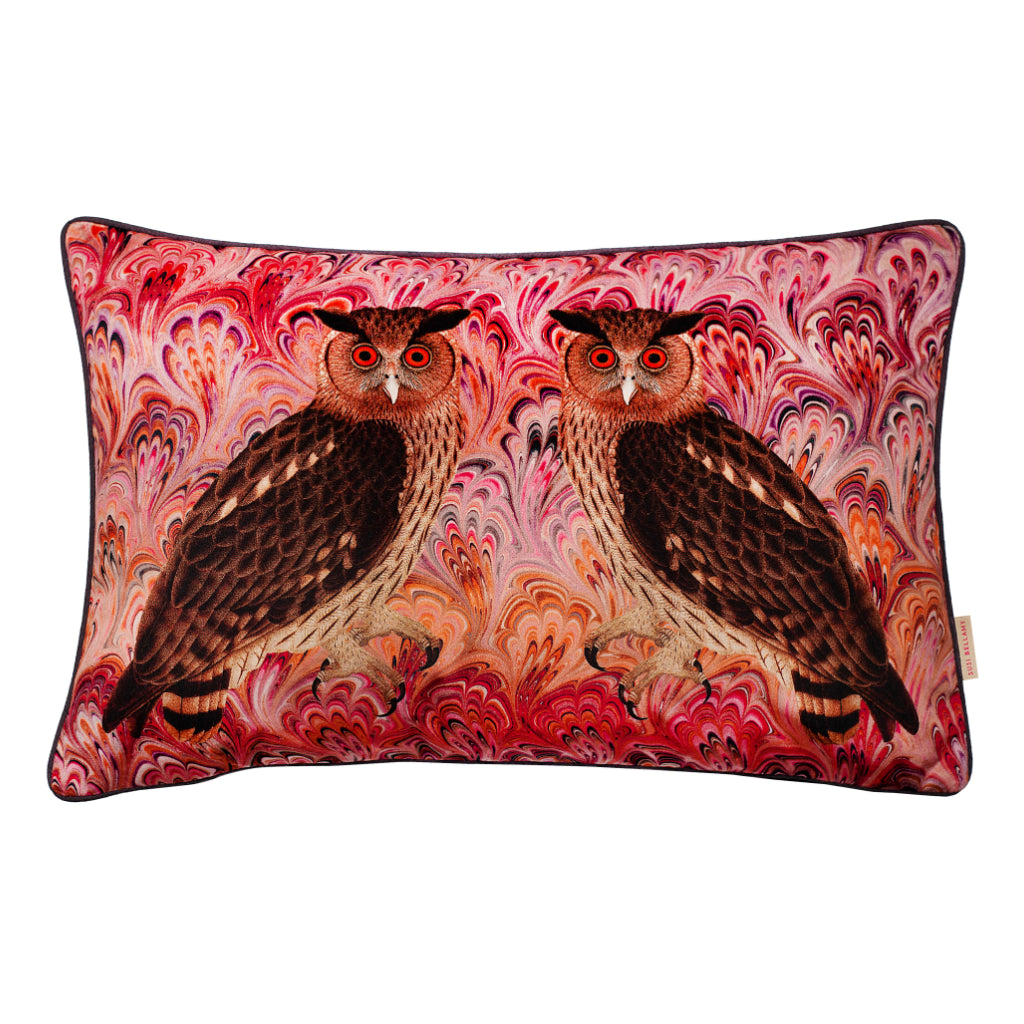Blush Twin Eagle Owl Velvet Large Oblong Cushion