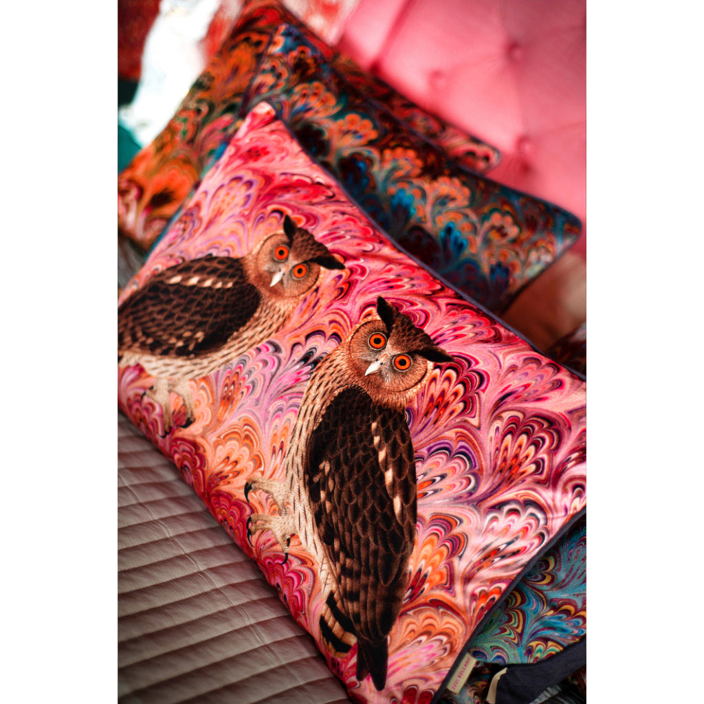 Blush Twin Eagle Owl Velvet Large Oblong Cushion