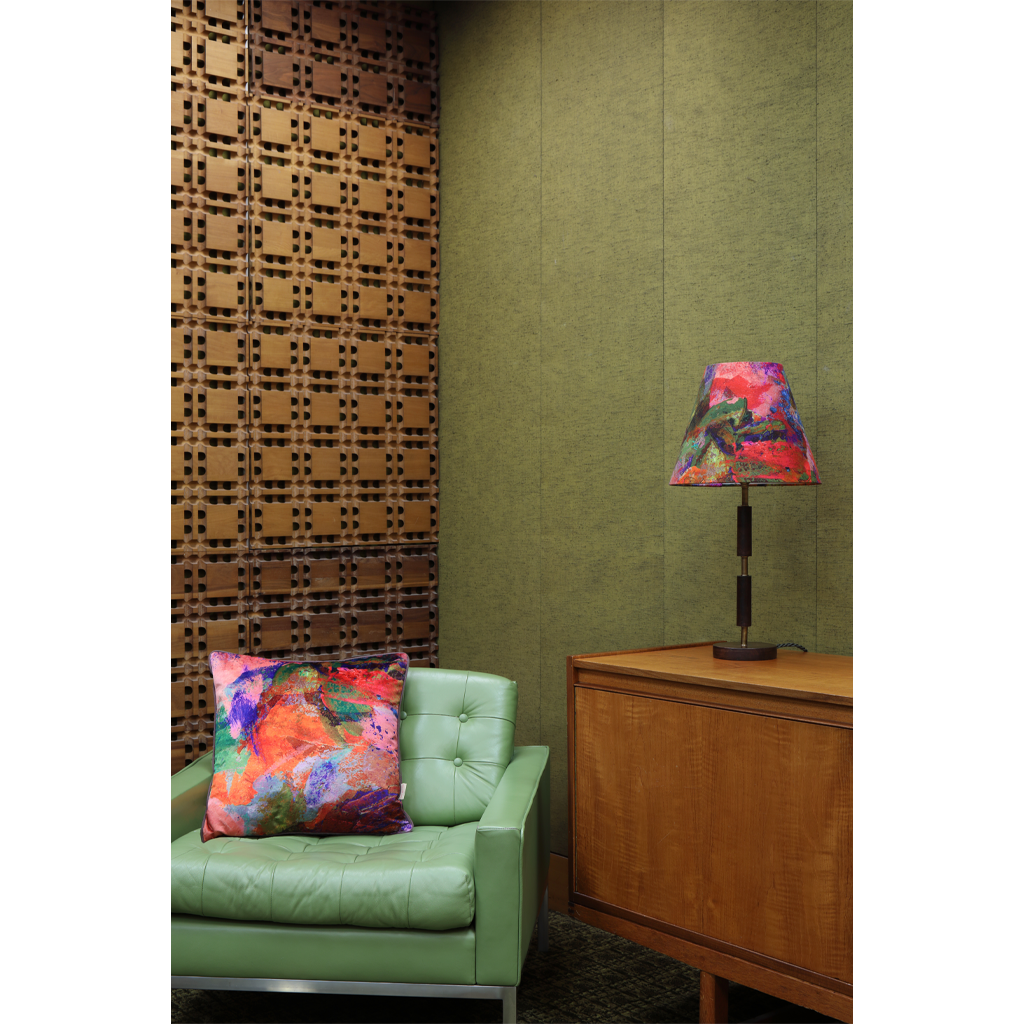 green decor - midcentury office with velvet throw pillow