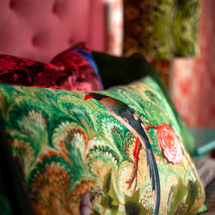 Bird and Rose Collage Velvet Large Oblong Cushion