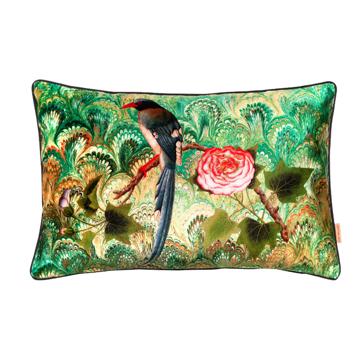 Bird and Rose Collage Velvet Large Oblong Cushion