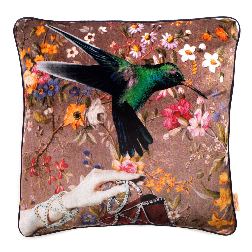 Bird and Hand Collaged Velvet Square Cushion