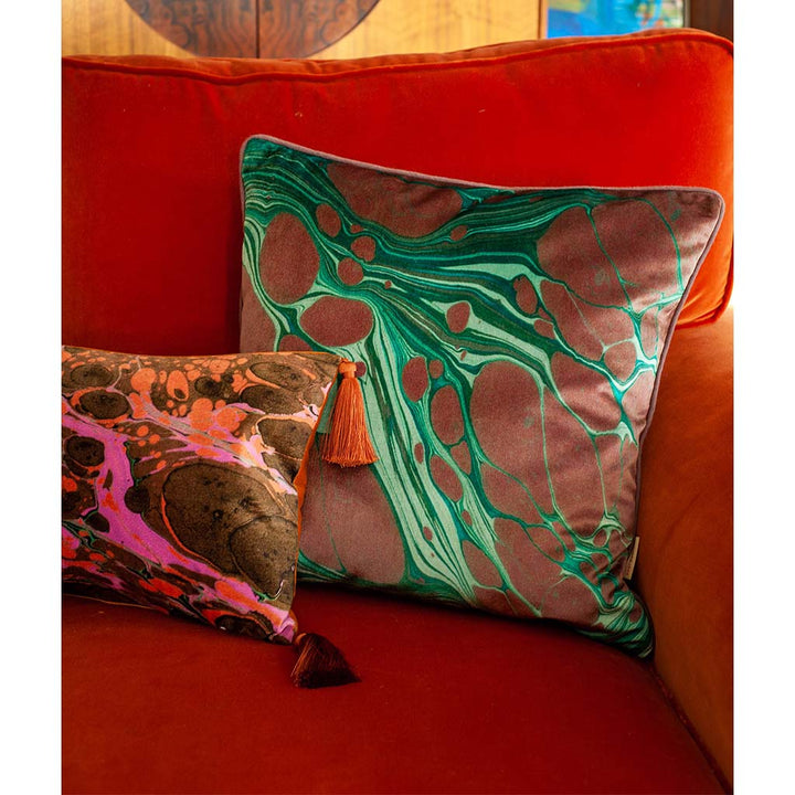 Emerald Marbled Velvet Square Cushion